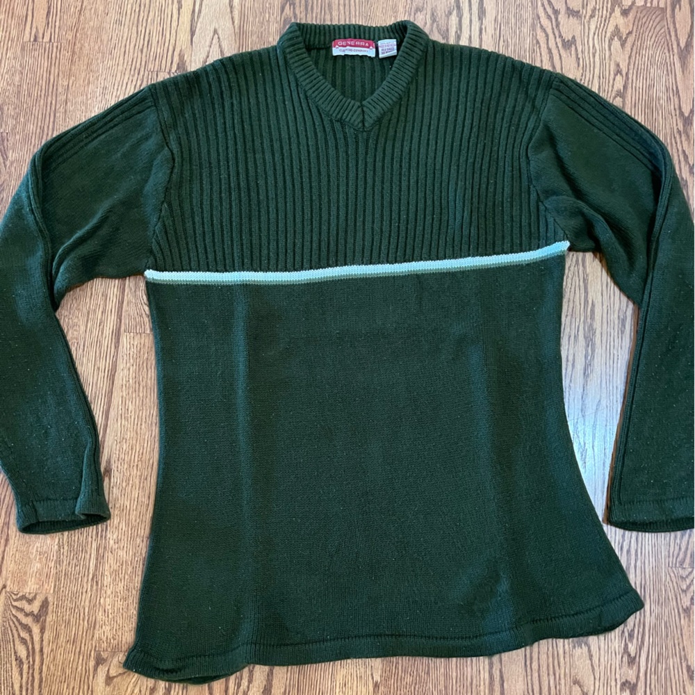 Generra Men's Large Army Green Vintage Sweater V Neck Ribbed Stripe VGUC